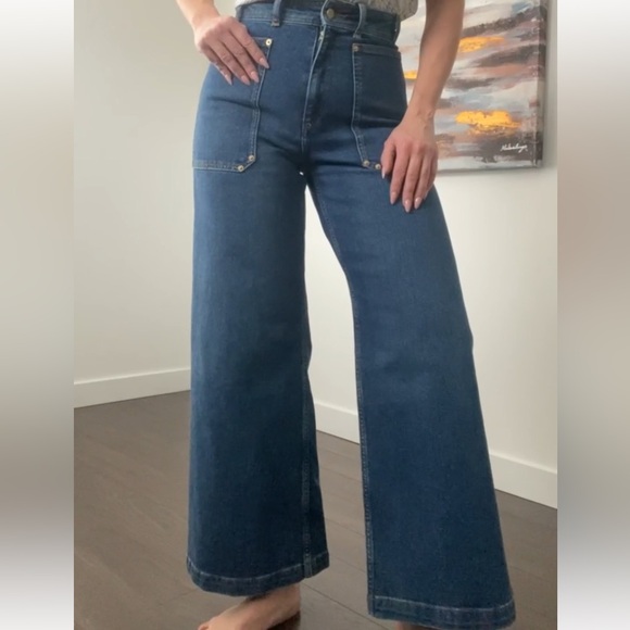 ZARA High Waisted Wide Leg Ankle Dark Denim - Picture 2 of 10